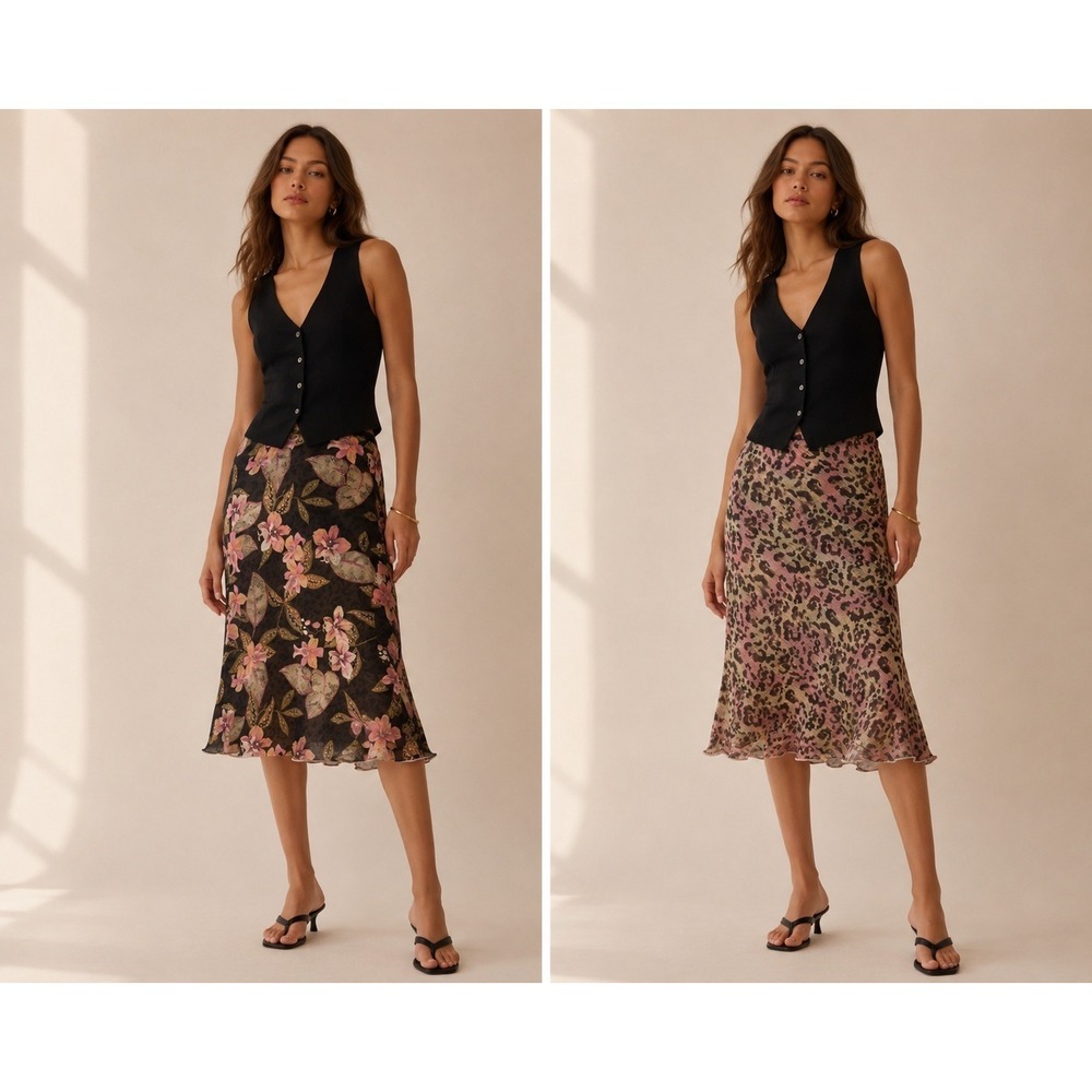 Vintage Y2K Requirements Reversible Skirt Brown Pink Midi Floral Animal Print